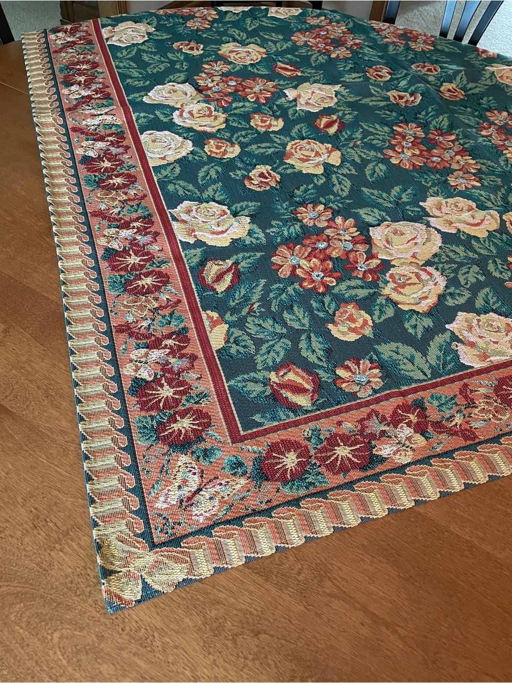 Tapestry Floral Botanical Woven Table Covering 58 X 62, Distinct Border